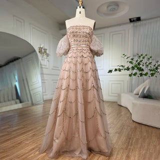 Ships in 1 to 3 Days - Arabic Pink A-Line Strapless Evening Gown: Beaded Long Dress for Women's Wedding Party 2024