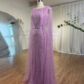 Arabic Purple Mermaid Long Evening Dress with Cape Sleeves - Beaded Luxury Dubai Gown for Women's Party