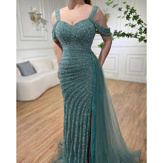 Arabic Caramel Mermaid High Split Elegant Beaded Luxury Evening Dress Gown for Women Party 2024