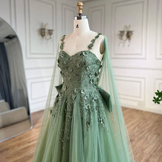 2024 Arabic Sage Green Spaghetti Strap Lace-Up Bow A-Line Appliques Prom Dress for Women Wedding Party