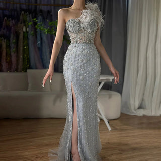 Gray Mermaid One Shoulder High Split Beaded Feather Luxury Evening Dress: 2025 for Women's Party