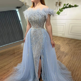 Blue Diamond Feather Mermaid Evening Dress with Overskirt - Wedding Party Gown for Women 2024