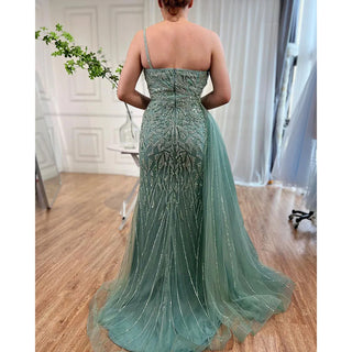 Elegant Blue Mermaid Evening Gown 2024: One Shoulder with Overskirt, Luxury Beaded for Women's Party