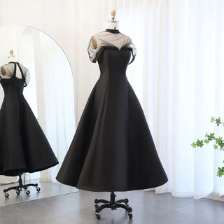 Arabic Black Satin Evening Dress with Cape Sleeves - Short Long Wedding Party Gown for Women