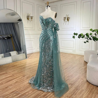 Ships in 1 to 3 Days - Arabic Blue Strapless Yellow High-Split Mermaid Beaded Luxury Evening Gown for Women Wedding Party 2024