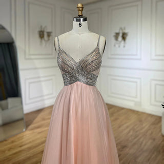 Ships in 1 to 3 Days - 2024 Arabic Peach Elegant Spaghetti Strap Beaded A-Line Prom Dress for Women | Wedding Party