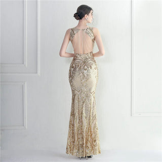 Backless Beaded White Sequin Evening Dress - Women's Party Maxi Prom Dress