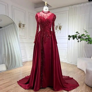 Ships in 1 to 3 Days – Wine Red Mermaid Luxury Lace Beaded Satin Evening Dresses: Dubai Formal Gowns 2024 for Women's Wedding Party