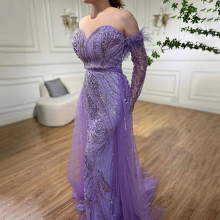 Chic Arabic Luxury Nude Mermaid Evening Dress with High Split, Beaded Feathers - Long 2024 Gown for Women's Wedding Party