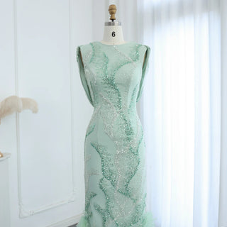 Custom-Made Luxury Dubai Sage Green Evening Gown with Feather Details - 2024 Arabic Wedding, Graduation, and Prom Dress