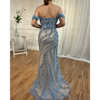 Ships in 1 to 3 Days - Ocean Opulence: 2024 Blue Mermaid Evening Gown with Beaded Off-Shoulder Detail