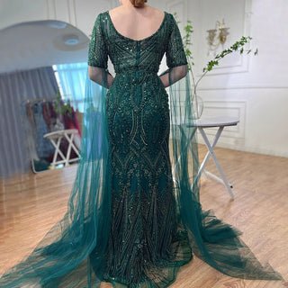 Emerald Elegance: 2024 Luxury Evening Dresses with Cape Sleeves in Rose Gold and Gray