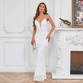 Sexy White Sequin Strap Party Maxi Dress - Long Evening Dress for Women