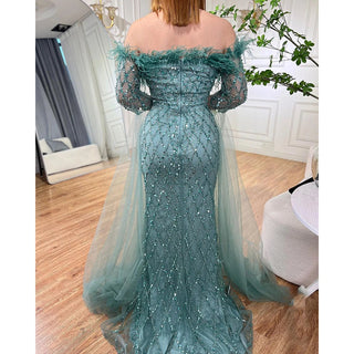 Dubai Caramel Feather Beaded Mermaid Evening Gown: Elegant Cape Sleeves for Women's Wedding Party 2024