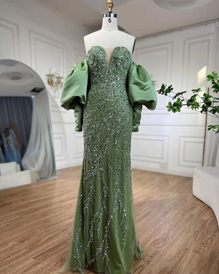 Champagne Luxury Mermaid Evening Dress - Long Gown with Half Puff Sleeves, Elegant for Women's Party