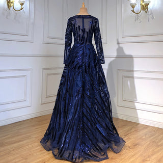 Navy Elegance: 2024 Muslim A-Line Evening Gown with Crystal Embellishments and Long Sleeves - Perfect for Women's Parties