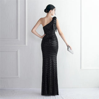 Sexy One-Shoulder Silver Sequin Evening Dress with Ruffles - Celebrity Maxi Party Dress with Slit for Women