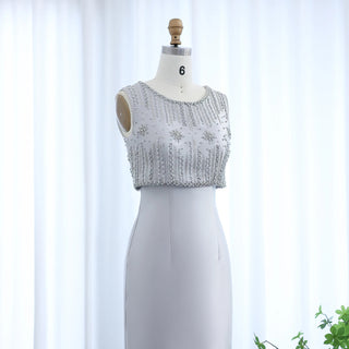 Luxury Silver Gray Rhinestone Midi Evening Dress - Dubai Formal Gown for Arabic Women