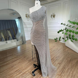 Lilac Mermaid Elegant One-Shoulder High Split Beaded Evening Dress - Women's Wedding Party 2024