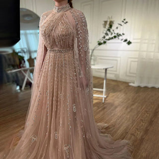 Dubai Arabic Luxury Nude A-Line Beaded Evening Dress with Cape Sleeves - Elegant Gown for Women Wedding Party 2024