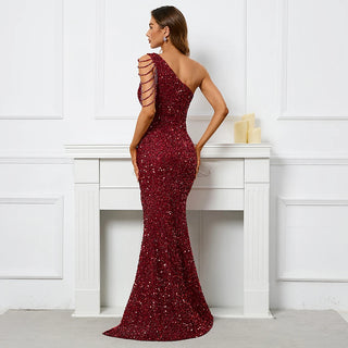 Sexy Slit Burgundy Sequin Dress - One-Shoulder Beaded Long Evening Party Maxi Dress for Women