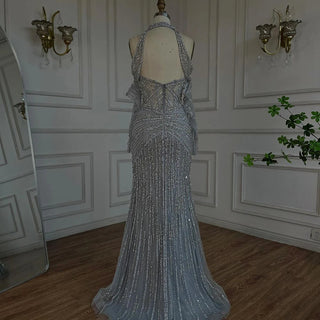 Ships in 1 to 3 Days - 2024 Arabic Gray Decorative Halter Mermaid Luxury Dubai Evening Gown Beaded Dress for Women's Party