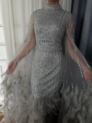 Ships in 1 to 3 Days - 2024 Silver Gray Mermaid Evening Gown with Cape Sleeves, Feathers, and Beaded Detailing - Ankle-Length Formal Dress