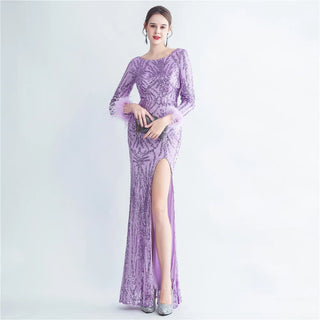 Stretch Feather Sequin Full Sleeve Evening Maxi Dress