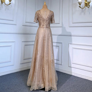 Gold Short Sleeves Evening Gown 2024: Luxury Beaded A-Line for Woman Party