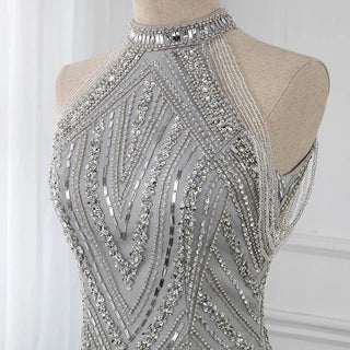 Ships in 1 to 3 Days - Silver Halter Sleeveless Evening Dress - Luxury Mermaid Beading Sequined Gown