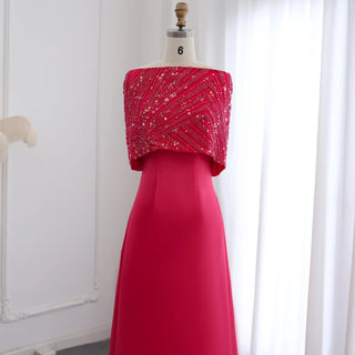 Elegant Off-Shoulder Fuchsia Arabic Evening Dress with Cape for Women Wedding Party Dubai Formal Prom Gowns