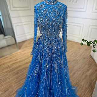 Ships in 1 to 3 Days - Muslim Elegant Blue A-Line Beaded Luxury Dubai Evening Dresses Gowns For Women Wedding Party 2024