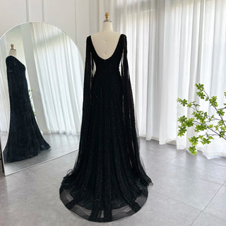 Exquisite 2024 Arabic Mermaid Evening Gowns in Luxurious Black: Featuring Cape Sleeves and Beaded Details for Women's Wedding and Party Attire in Dubai