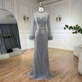 2024 Arabic Gray High Neck Mermaid Evening Gown with Long Sleeves and Beading for Women's Party