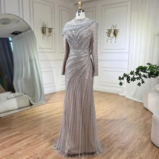 Ships in 1 to 3 Days - Silver Nude Mermaid Elegant High Split Evening Dresses Gowns Luxury Beaded 2024 For Women Party