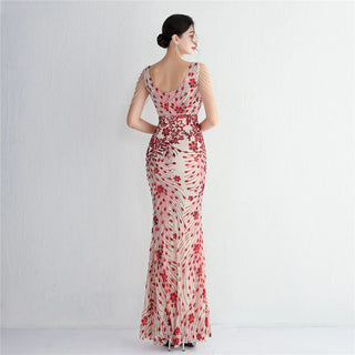 Sexy V-Neck Red Sequin Beaded Prom Dress - Evening Party Maxi Dress for Women