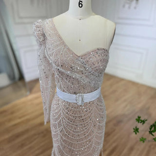 White Nude Mermaid One-Shoulder High Split Beaded Luxury Evening Gown - Perfect for Women's Wedding Party