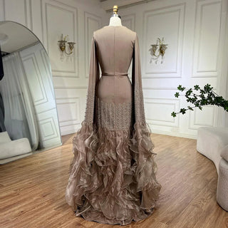 Arabic Caramel Mermaid Elegant Cape Sleeves Beaded Satin Luxury Evening Dresses Gowns for Women Party 2024