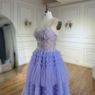 2024 Arabic Lilac Spaghetti Strap Tiered A-Line Lace Appliques Luxury Evening Gown for Women's Party