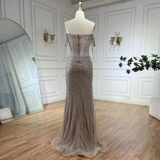 Ships in 1 to 3 Days - 2024 Silver Nude Off-Shoulder Mermaid Elegant Beaded Tassel Evening Dresses Gown for Women Wedding Party