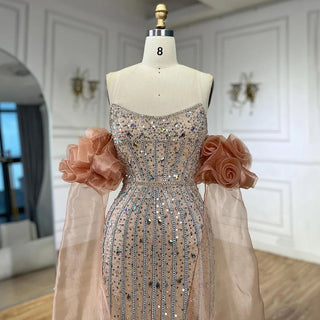 Ships in 1 to 3 Days - 2024 Arabic Pink Strapless Beaded Mermaid Evening Gown Vintage Half Puff Sleeve Dress for Women's Party