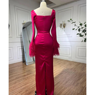 Fuchsia Elegant Arabic Mermaid Evening Dress 2024: Sexy Feathers, Ideal for Women's Wedding Party