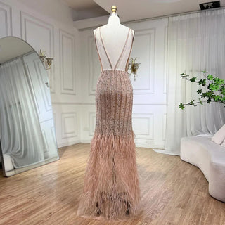 Dubai Luxury Feathers Mermaid Evening Gown - V-Neck Sleeveless Sparkle Evening Dress