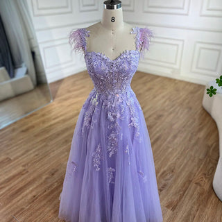 2024 Lilac Spaghetti Strap Lace-Up Back A-Line Appliques Feathers Prom Dress for Women Wedding Party