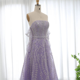 Luxury Dubai Beaded Arabic Lilac Evening Dress with Sleeves and Strapless Design - Women’s Wedding Party Gown