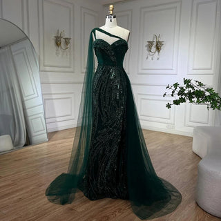 Ships in 1 to 3 Days - 2024 Green One Shoulder Mermaid Evening Dress with Cape Overskirt: Perfect for Women's Wedding Party and Long Prom Formal Events