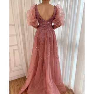 Dubai Pink Mermaid High Split Over Skirt Beaded Evening Gown - Perfect for Women's Wedding Party 2024