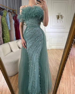 Ships in 1 to 3 Days - 2024 Saudi Arabic Beaded Caramel Mermaid Evening Dress - Elegant Gown with Overskirt for Formal Occasions