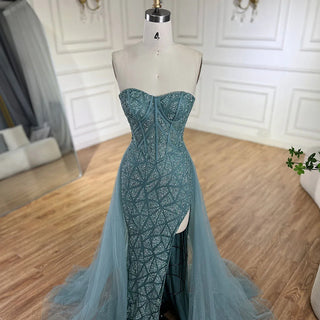 Ships in 1 to 3 Days - Arabic Turquoise Strapless High-Split Mermaid Beaded Luxury Evening Gown for Women Wedding Party 2024