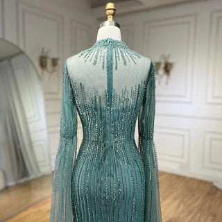 Arabic Turquoise Mermaid Evening Gown with Cape Sleeves and Split, Beaded Detail - Perfect for Women's Wedding, Prom, or Party